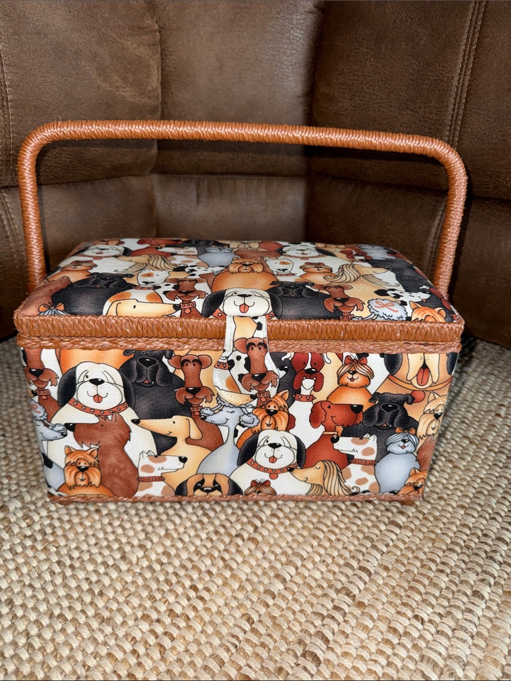 Pet Pattern Sewing Basket with Handle - Brown Dogs Design
